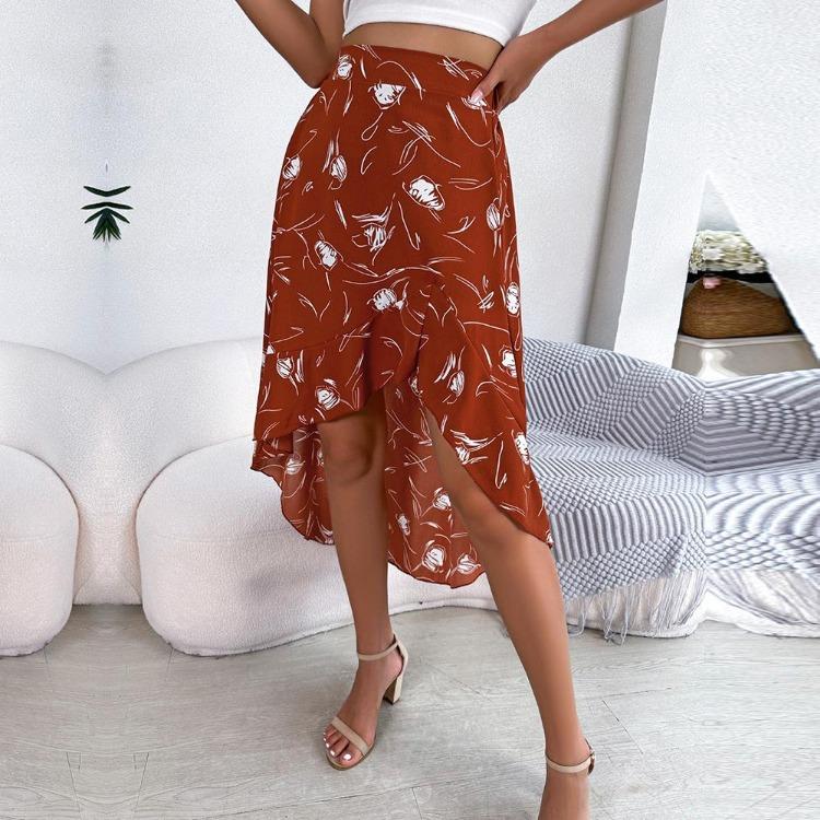 Fashion Womens Floral High Waist Skirts Asymmetric Ruffle Edge Chic Spring Summer S оранжевый