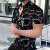 Women Short Sleeve Shirt Pink Blue Spiral Tie Dye Glitter Star Print Lapel Button Up Top
