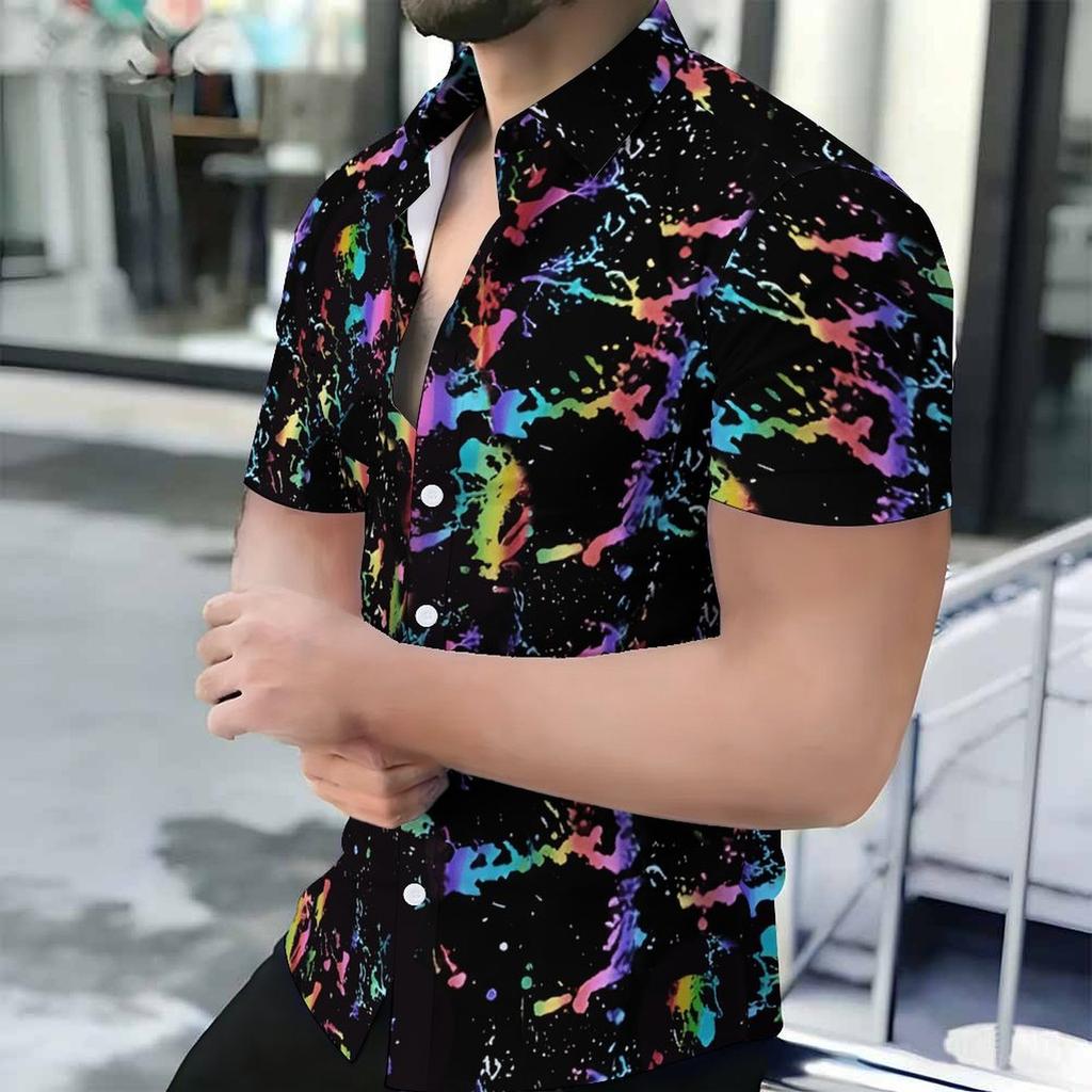 Women Short Sleeve Shirt Pink Blue Spiral Tie Dye Glitter Star Print Lapel Button Up Top