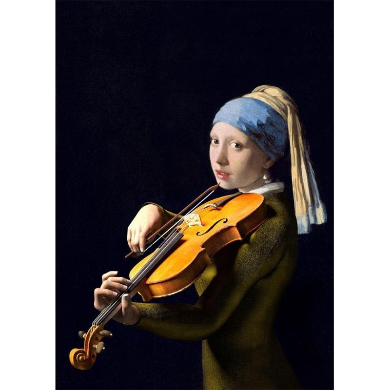 İnci küpeli ünlü kız, posterler, tuval, yağlı boya, komik köpek yavrusu, çiçekler, gitar, oturma odası için duvar sanatı, ev dekoru