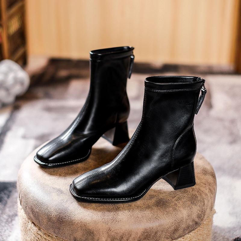Short boots women's high heels new women's boots Martin boots rear zipper square heel single boots medium heel boots