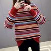 Half Turtleneck Sweater Women's Autumn and Winter Retro Pullover Versatile Long-sleeved Loose Striped Knitwear