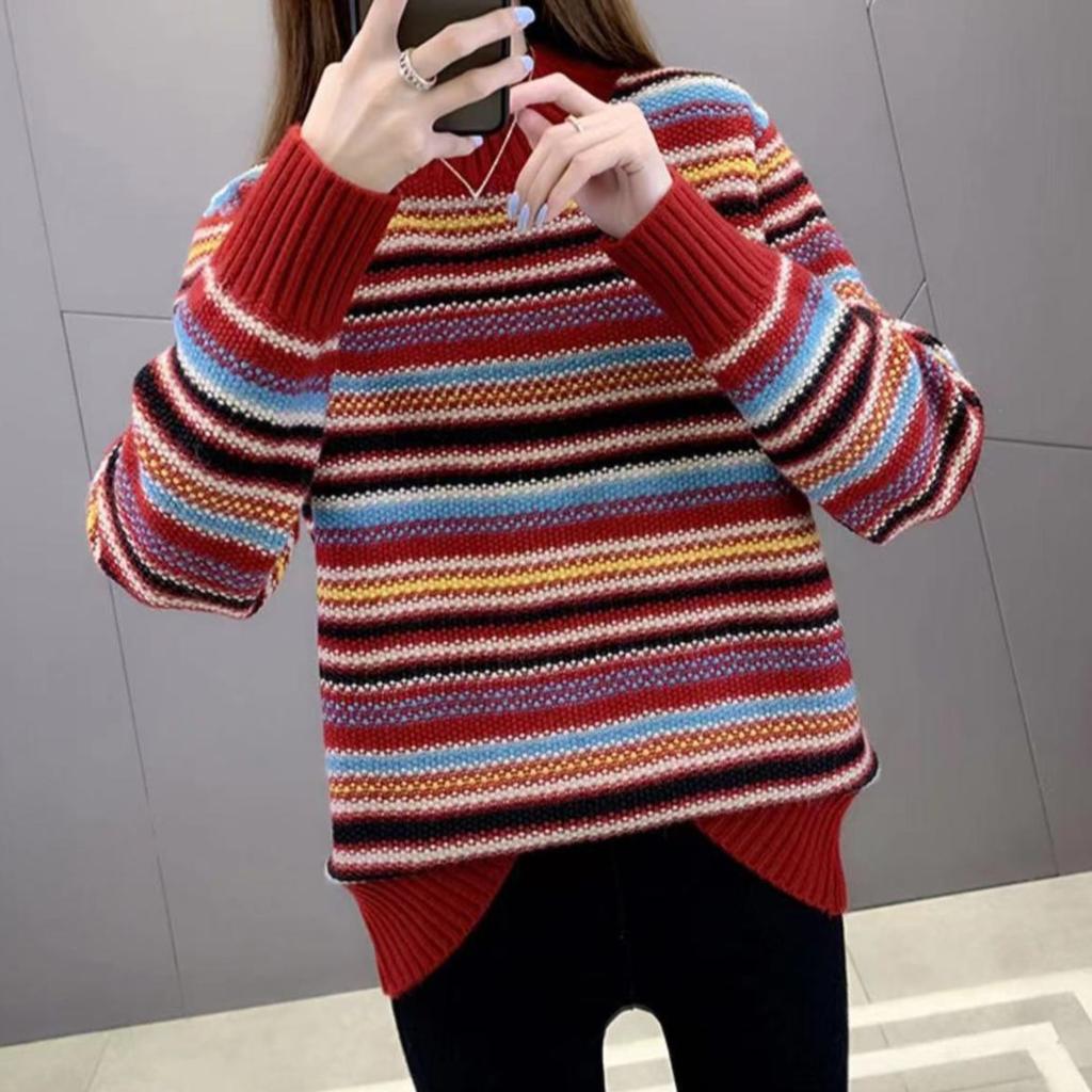 Half Turtleneck Sweater Women's Autumn and Winter Retro Pullover Versatile Long-sleeved Loose Striped Knitwear