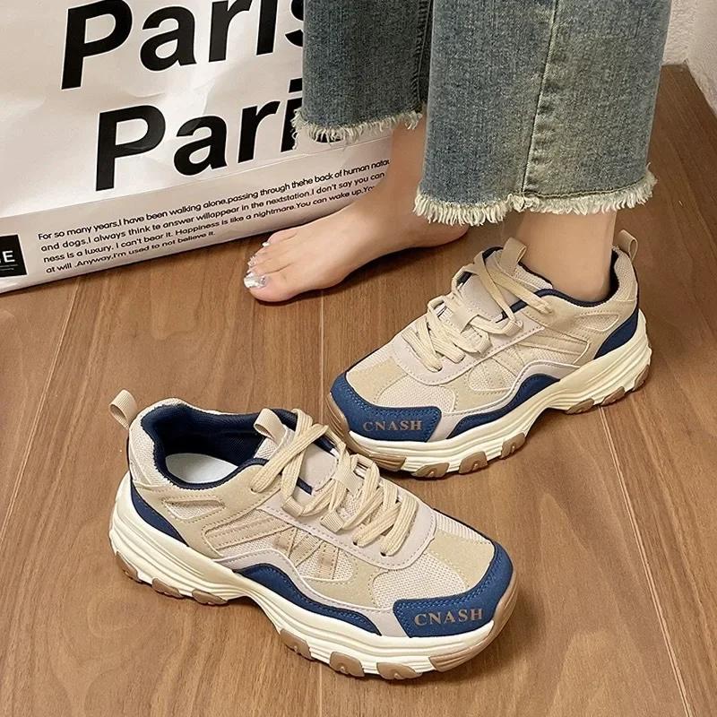 Retro Thick Sole Dad Shoes for Women 2024 Spring New Lightweight Soft Sole Wear Resistant Casual Sports Shoes Sneakers