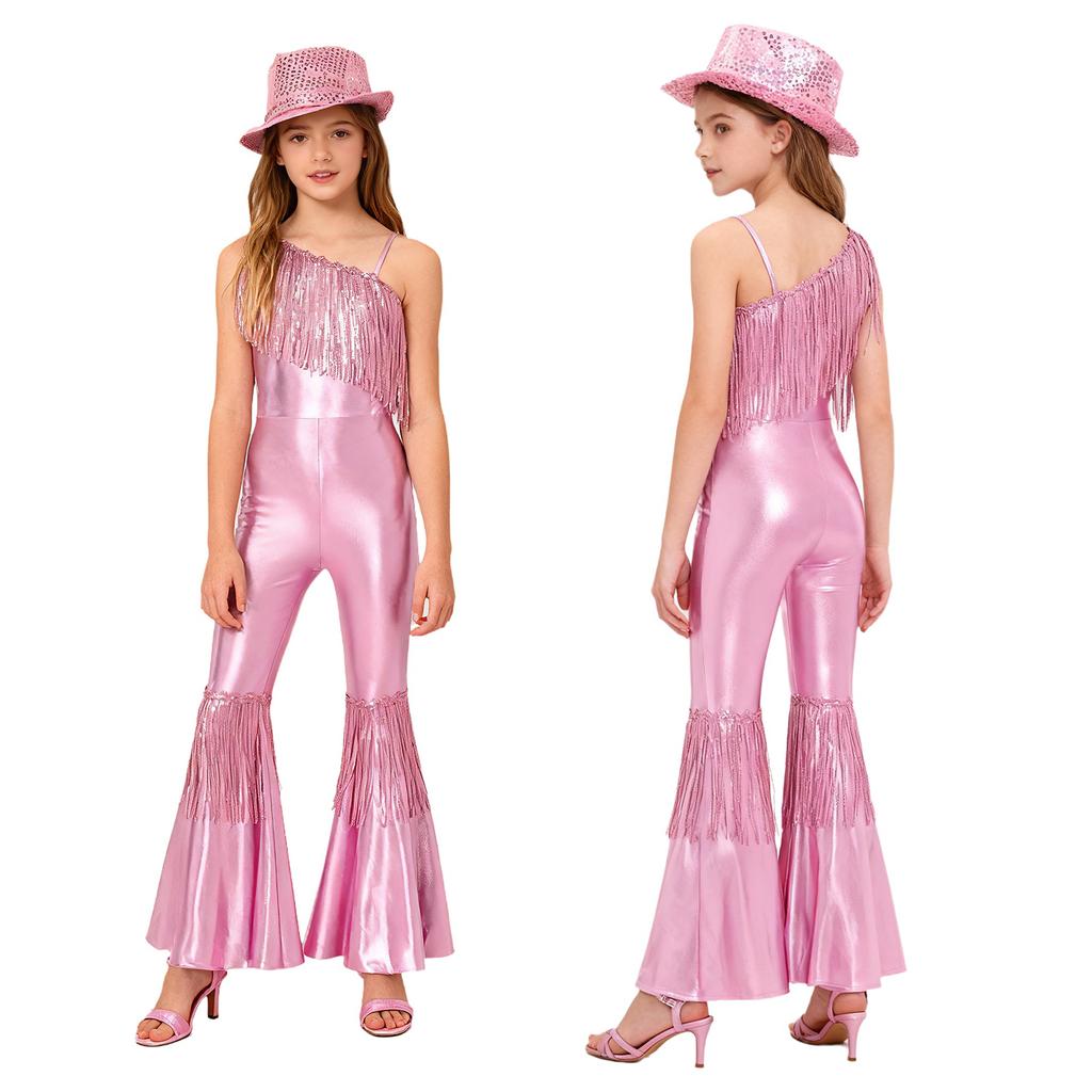 Girls Jazz Dance Jumpsuit Sleeveless One Shoulder with Sequins Tassels High Waist Bell Bottoms and Fedora Hat for Pageant Banquet