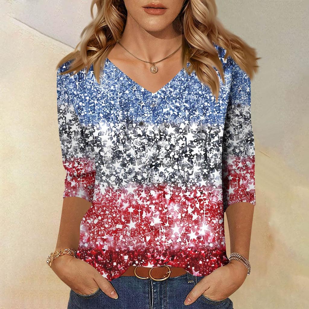 Women's Tops Three-quarter Sleeve Shirt V-neck Loose Casual Shirt Print T-shirt