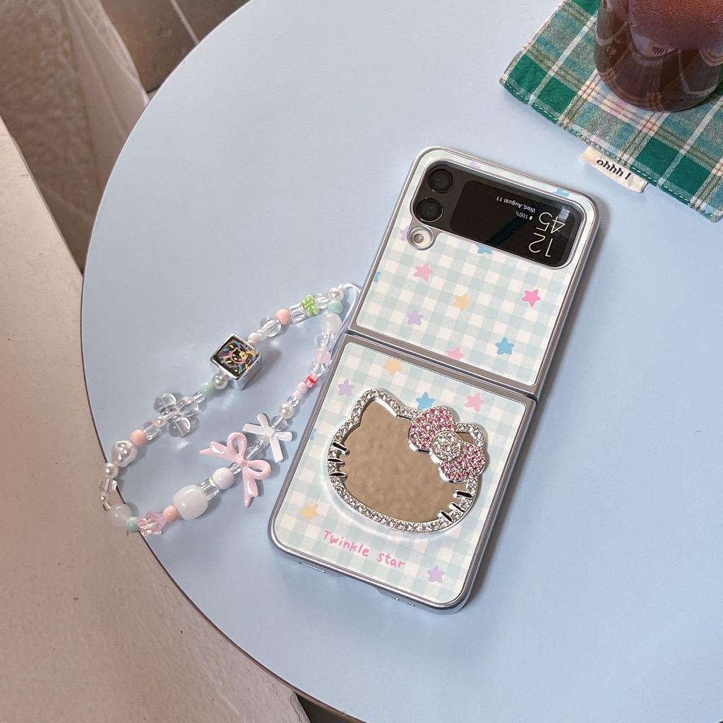 Cute Kawaii Hello Kitty Phone Case with Rhinestone Mirror Beaded Lanyard For Samsung Galaxy Z Flip 7 6 5 4 3 Plaid Star Foldabl