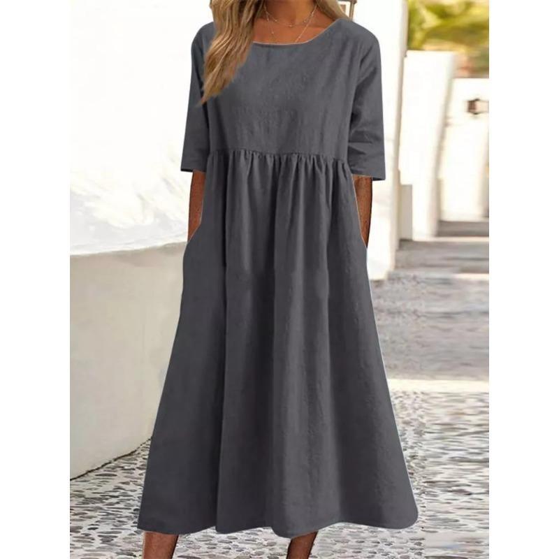 2025 Kurzarm Lockerer O-Ausschnitt Sommer Plissee Kleid Damen A-Linie Partykleider Mode Damenkleid Elegant Schlicht Einfarbig Kleidung