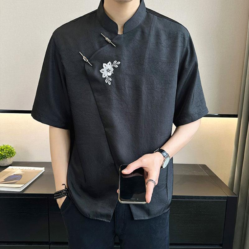 Summer Short Sleeve Shirts Stylish Floral Embroidery Men's Clothing All-match Chinese Style Stand Collar Vintage Button Shirts