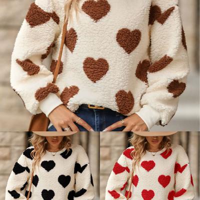 Damen Herzprint Fleece Rundhals-Sweatshirt Oversized Langarm Pullover Gemütliche Loungewear