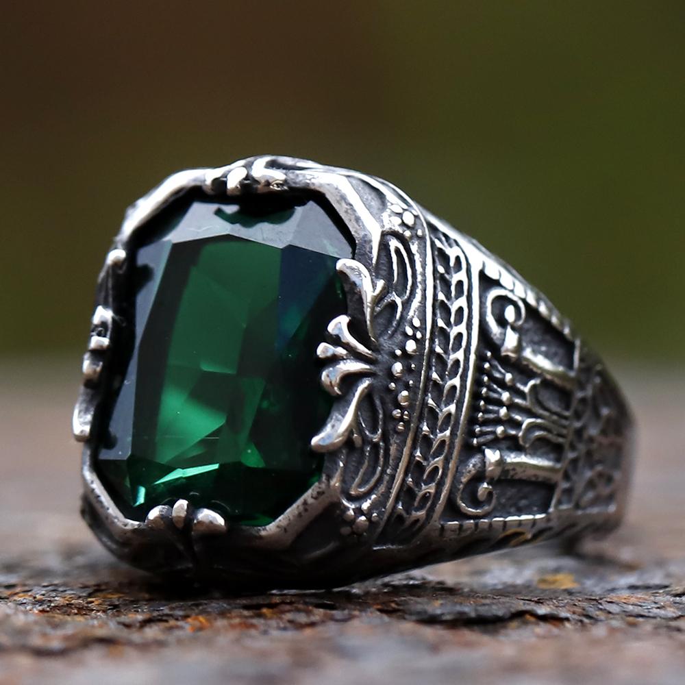 new men Stainless Steel Crown Totem With green Zircon Ring Geometric For Anniversary Party Wedding Luxury jewelry