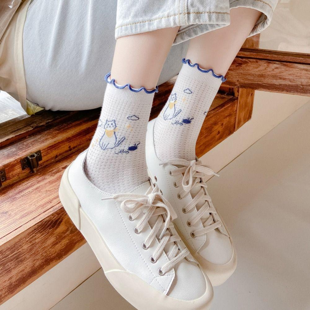 

Japanese Fashion Breathable Harajuku Girls Mesh Socks Short Hosiery Cat Pattern Cotton Socks