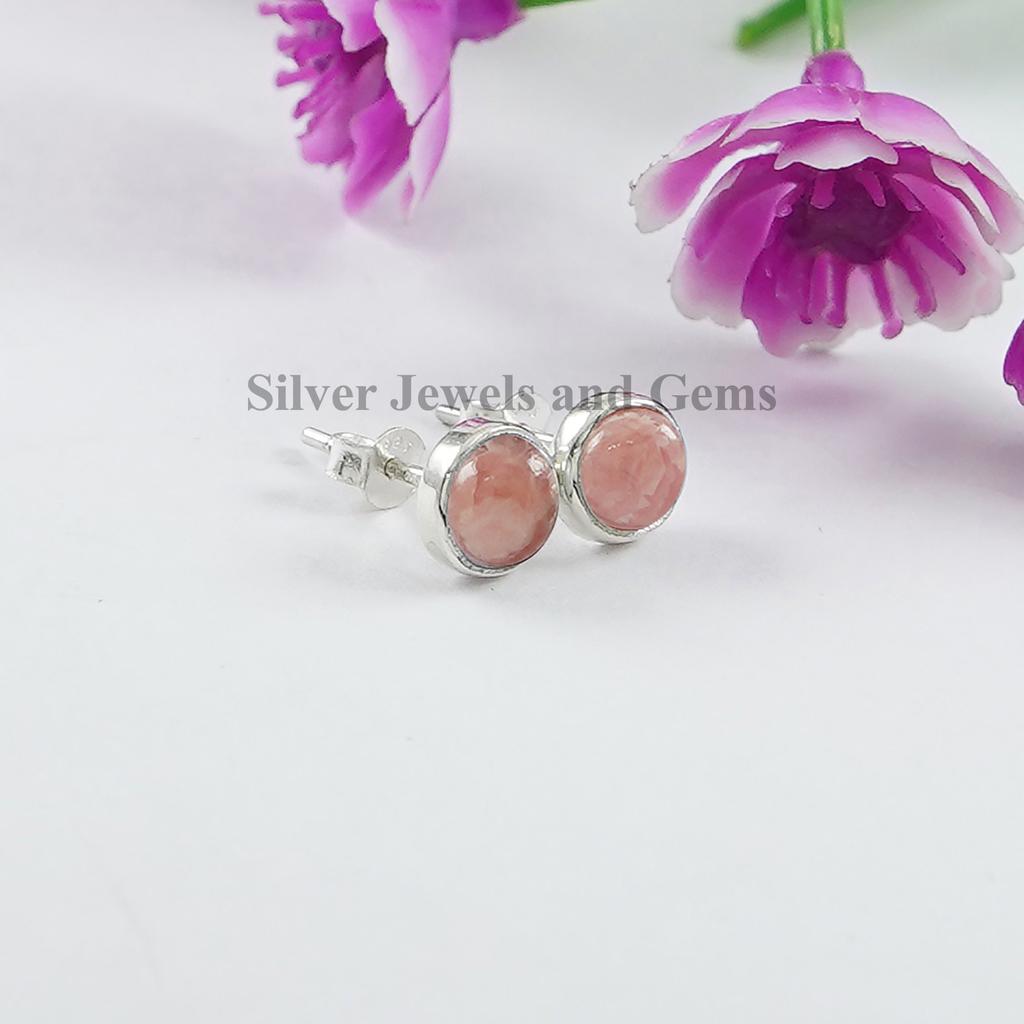 Rhodochrosite Sterling Silver Stud Earrings, Pink Gemstone, Tiny Earrings