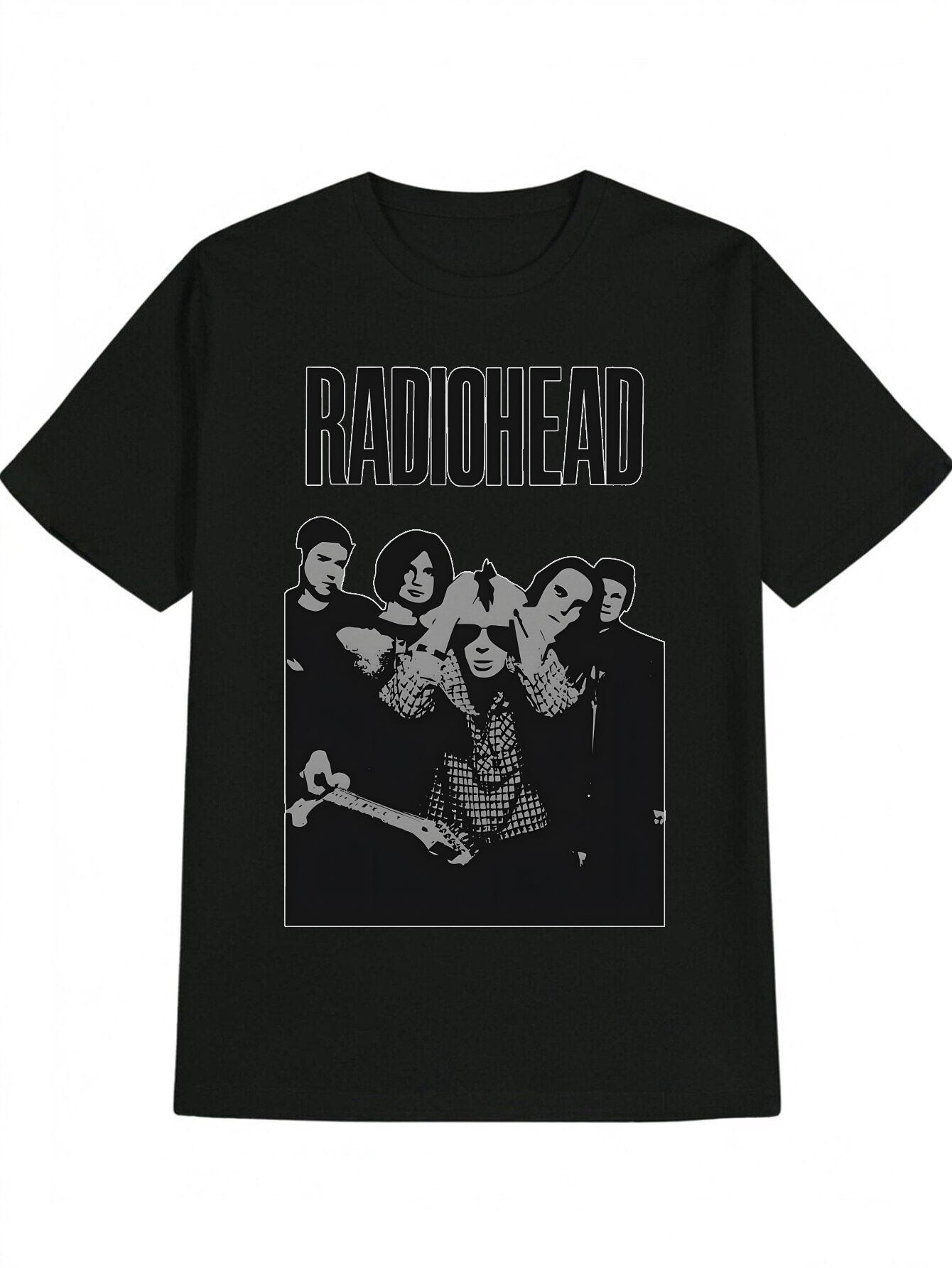 Casual Radiohead Band Member Silhouette Graphic T-shirt - Black with White Print M