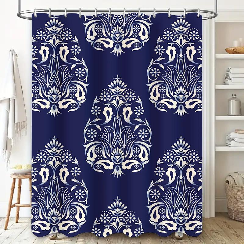 Blue Shower Curtain with White Floral Patterns Bath Decor for Bathroom Waterproof Fabric 72 Long (Set)