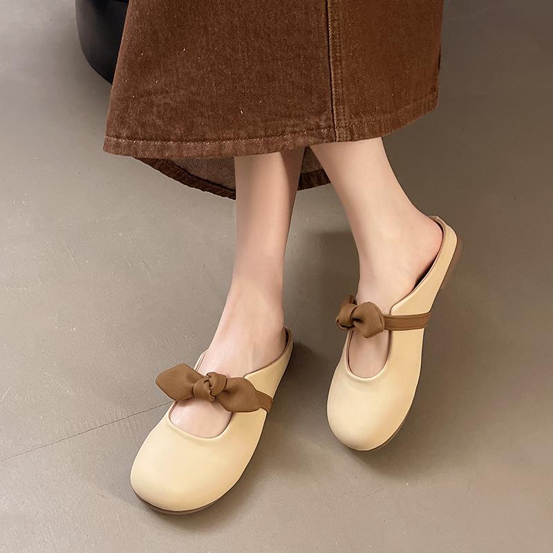 Modische Slipper mit weicher Sohle und Oberteil für Damen zum Tragen als Oberbekleidung im Sommer 2025, Neue französische Schleife, Ein-Fuß, Flach, Koreanischer Stil
