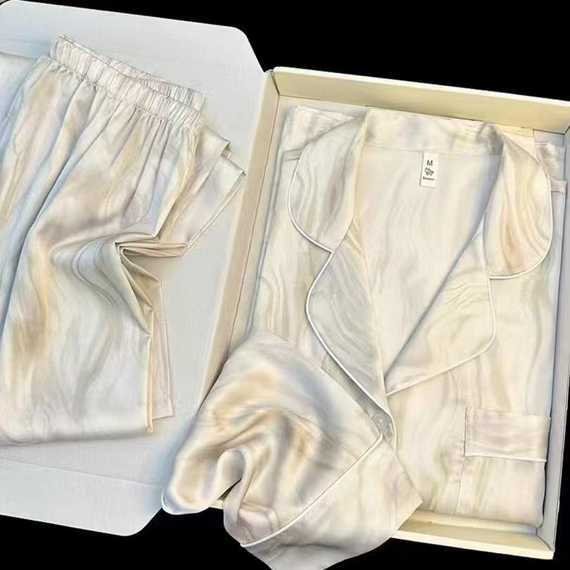 New Women Ice Silk Pajama Set,Long Sleeve Long Pants Loungewear
