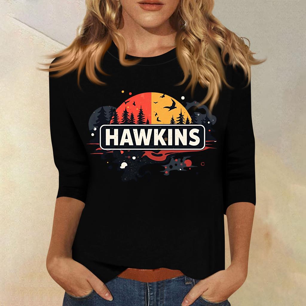 Bluze cu mânecă 3/4 pentru femei Tricou Casual Topuri cu imprimeu Tricou Gât rotund Pulover Bluză