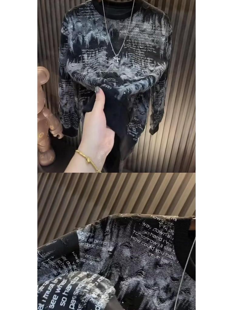 Trendiger Herren-Langarm-Hoodie 2025 mit Sternendesign, luxuriösem Rundhalsausschnitt und stylischen Ripped-Details