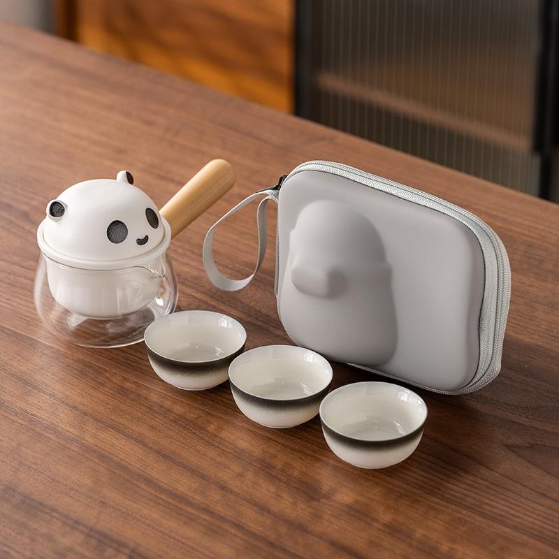 

Panda merchandise side handle a pot of three cups travel tea set light luxury modern suet jade porcelain business commemorative gift