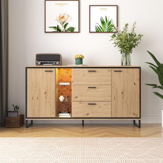 Kitchen Cabinet with Two Doors Three Drawers Wood Grain Metal Legs Wood Color Utility Pantry Dining Room