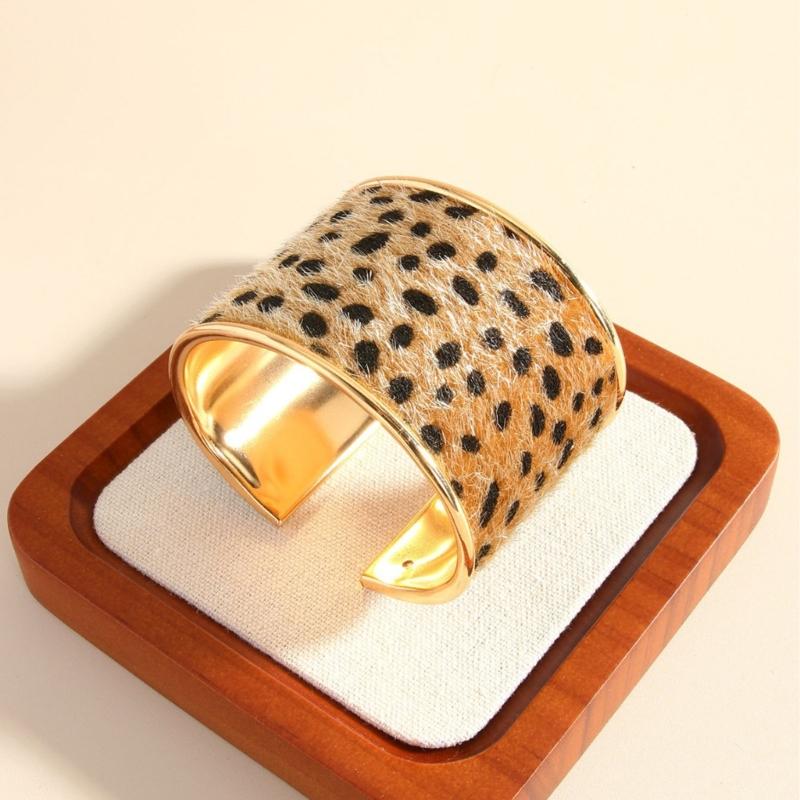 Adjustable Leopard Print Wide Cuff Bracelet Flocking Texture Wristband For Comfort Alloy Construction Stylish Wear