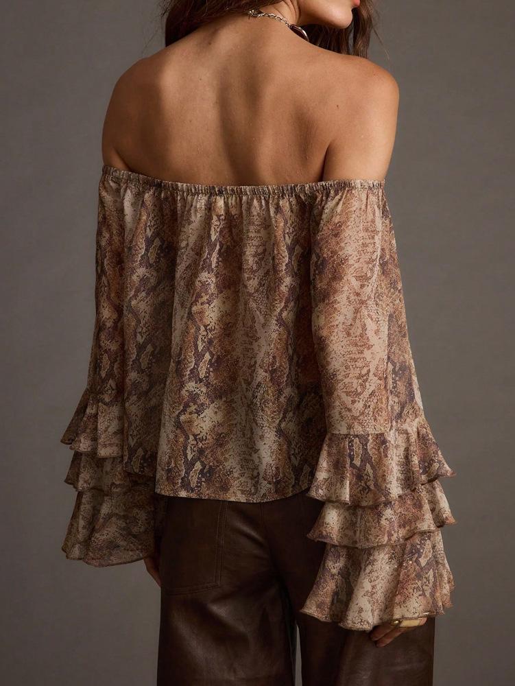 Γυναικείο Casual Ζιφονένιο Μπλουζάκι Off-the-Shoulder Άνοιξη/Καλοκαίρι 2026 - Εκτύπωση Ευρωπαϊκού/Αμερικανικού Στυλ