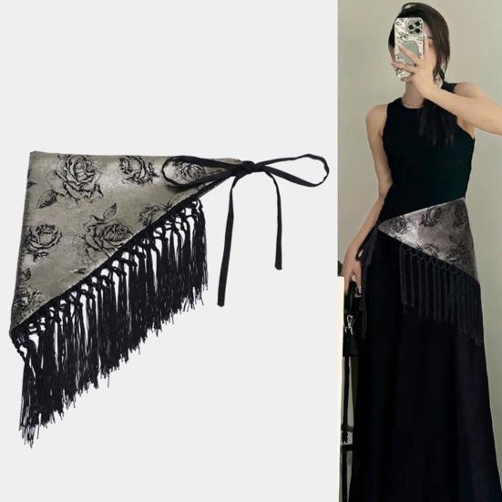Cinturón Bufanda Larga Estrecha Boho Fajín Triangular con Borlas para Mujer Accesorio de Cintura Floral Retro para Vestidos Jeans