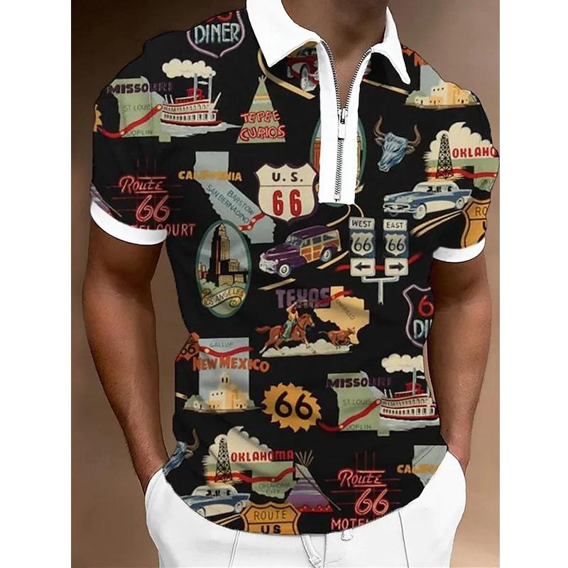 Skull Candy Print Short Sleeve Polo, Trendy Casual Zip-Up Polo