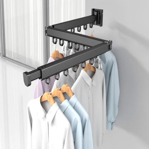 KWQKEM Indoor Drying, Foldable Wall-Mounted Clothes Drying Rack, Three-Tier, Windproof Aluminum, Extendable, Concealed Clothes Drying Rack, Space-Savi
