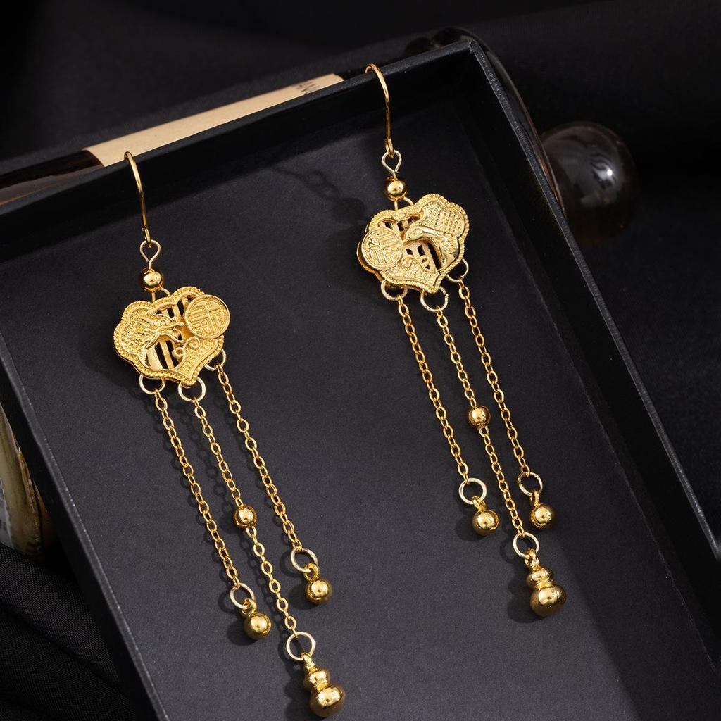 Chinese Retro Personality Earrings: Fu Character, Cloud & Gourd Tassel Design