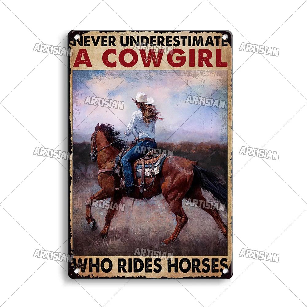 Artisian Ride Horse Metal Poster Cowgirl Cowboy Tin Plate Horse Racing Decorative Sign Wall Decor Garage Bar Pub Club Hotel Cafe