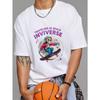 White T-Shirt with Skeleton Skateboarding In Space Print Traveling In Space Inviverse Text Casual Streetwear for Men and Women