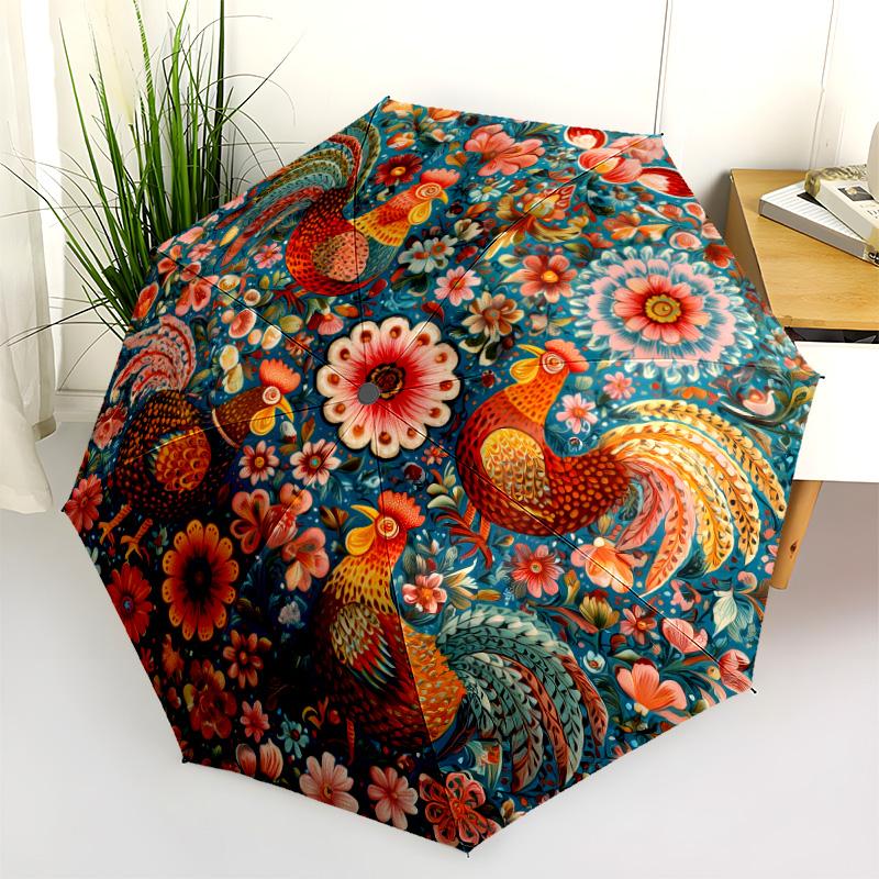 0106 Floral Chicken & Dinosaur  pattern, automatic folding umbrella, portable and foldable design, 8 ribs, a Christmas or birthday gift.