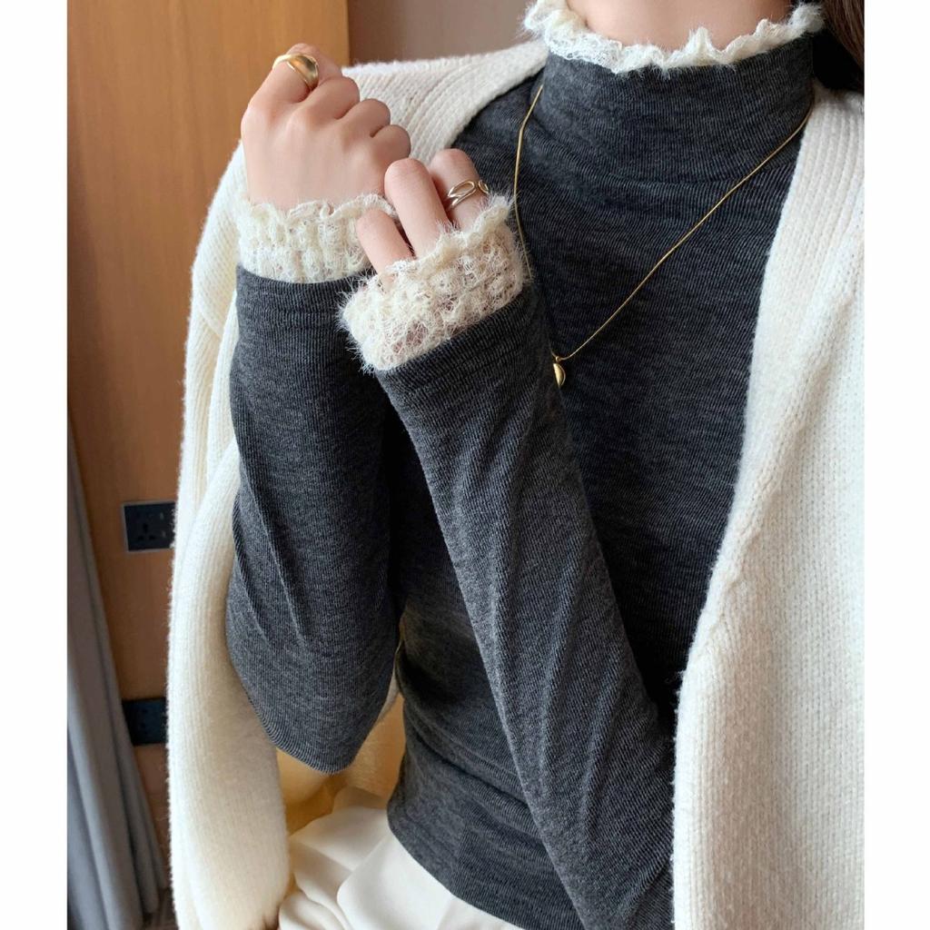 Lace Patchwork Half High Neck Base Sweater for Women, Autumn and Winter Thread Slim Fit Sweater, Lace Knit Sweater, Inner Top