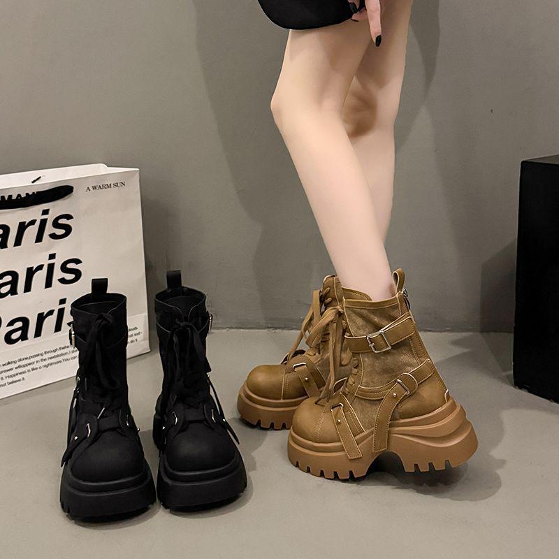 Leder-Denim-Plateau-Martin-Stiefel im europäischen Stil - Damen 2025 Neue höhenverlängernde Motorrad-Kurzstiefel, kleine Größen