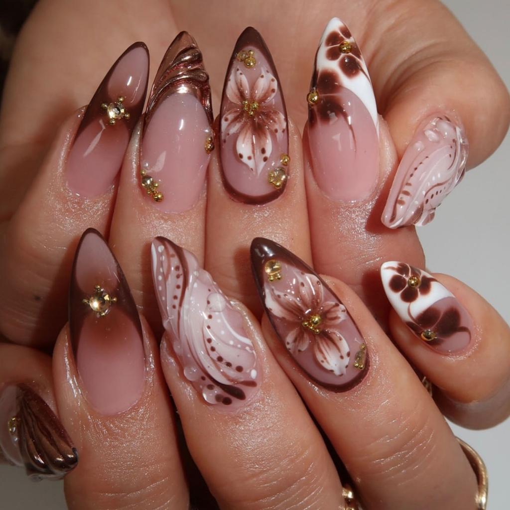 Elegant 3D Sculpted Floral False Nail Brown French Tips Press On Nail Easy Application Long Lasting