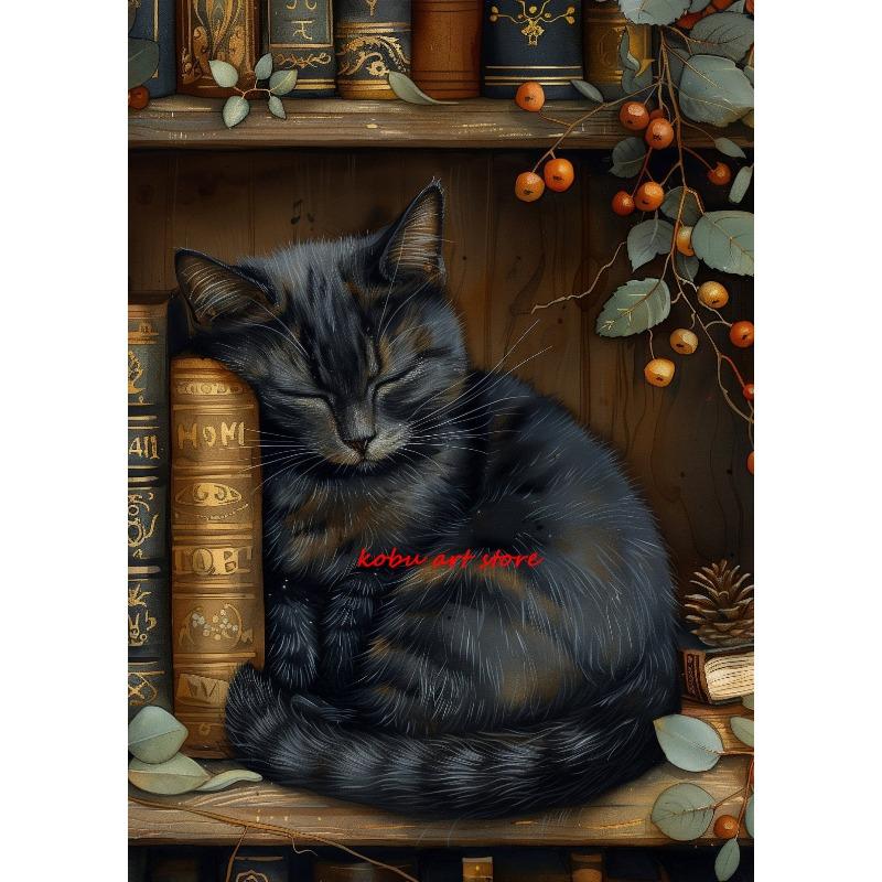 Vintage Sleeping Cat Antique Posters Canvas Printing Stack Books Lazy Cat Bookish Wall Art Picture for Library Home Room Decor