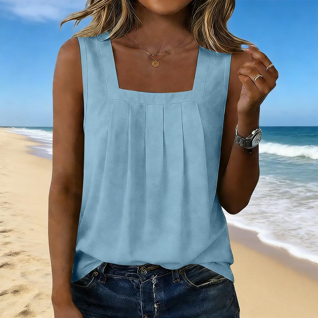 Women’s Square Neck Pleated Tank Top Sleeveless Casual Blouse Loose Fit Lightweight Pullover Shirt for Daily Wear