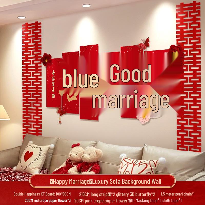Wedding Decoration Set: Sofa Background, Bedroom Bedside, and Double Happiness Board for Groom's New House