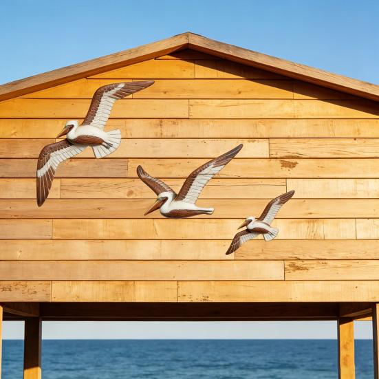 3 Pcs Wood Flying Pelican Wall Art Coastal Theme Nautical Wall Decor Rustic Beach Wooden Bird Sculpture for Living Room Bedroom Home Decor
