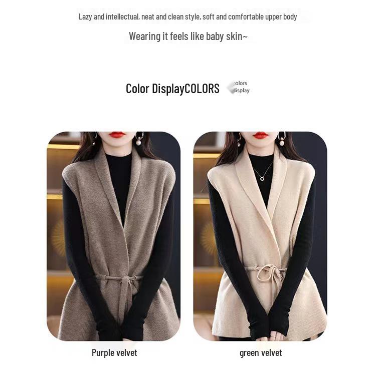 Women's Solid V-Neck Wool Vest - Lace-up Knit Sleeveless Outerwear for Autumn/Winter.