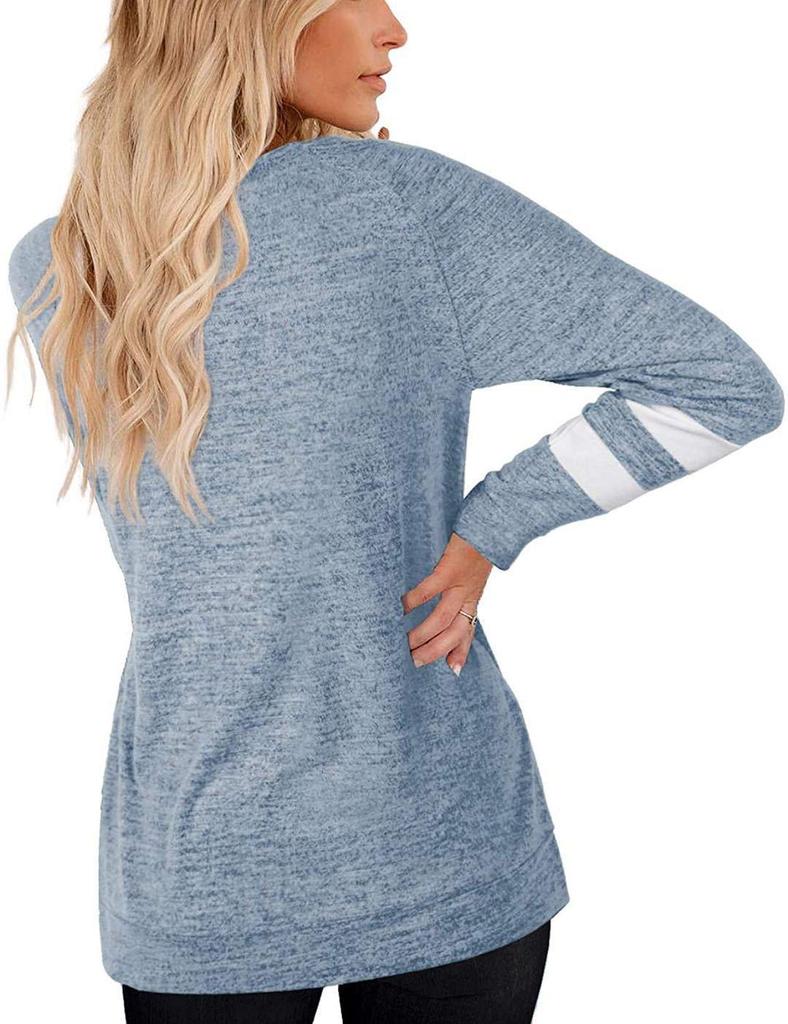 Damen V-Ausschnitt Langarm Kontrastfarbe Lockeres T-Shirt