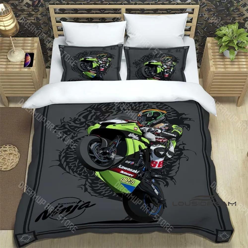 Set Biancheria da Letto Stampa Retro 3D Logo Moto K-Kawasaki Set Biancheria da Letto Elegante Copripiumino Coperta Trapuntata Letto Regalo di Compleanno di Lusso