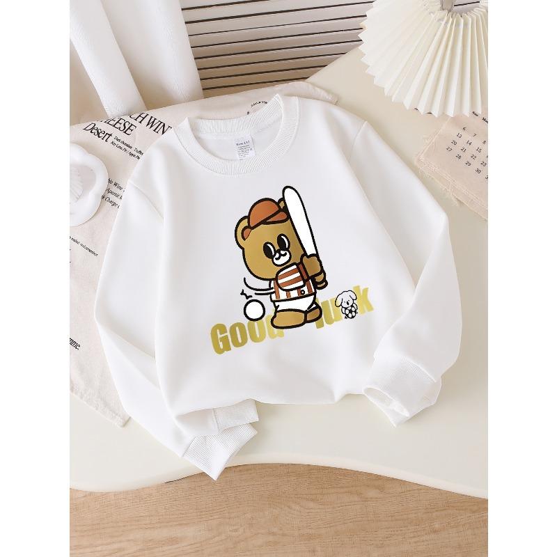 Kids Crewneck Sweatshirt, Lucky Baseball Player Teddy Bear Graphic Print, Soft Comfort Pullover 110 белый