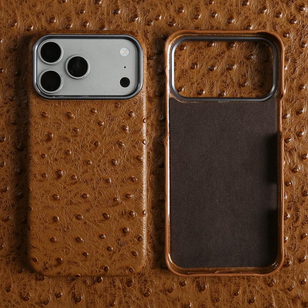 Genuine Ostrich Grain Leather Case for iPhone 17 Pro Max Air 16 Pro 15 14 13 Pro Premium Business Slim Metal Lens Cowhide Full Body Shockproof Cover