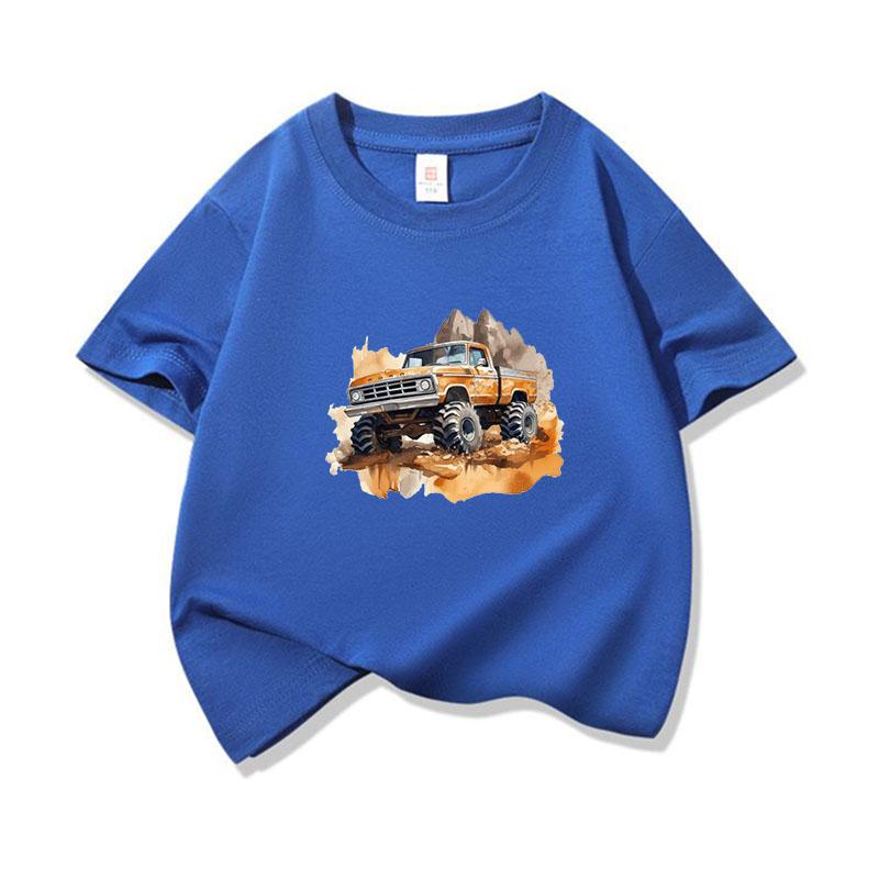 Kids Cotton T Shirt Retro Watercolor Offroad Car Print Crew Neck Short Sleeve Tee Casual Breathable Boys Girls Summer Tops