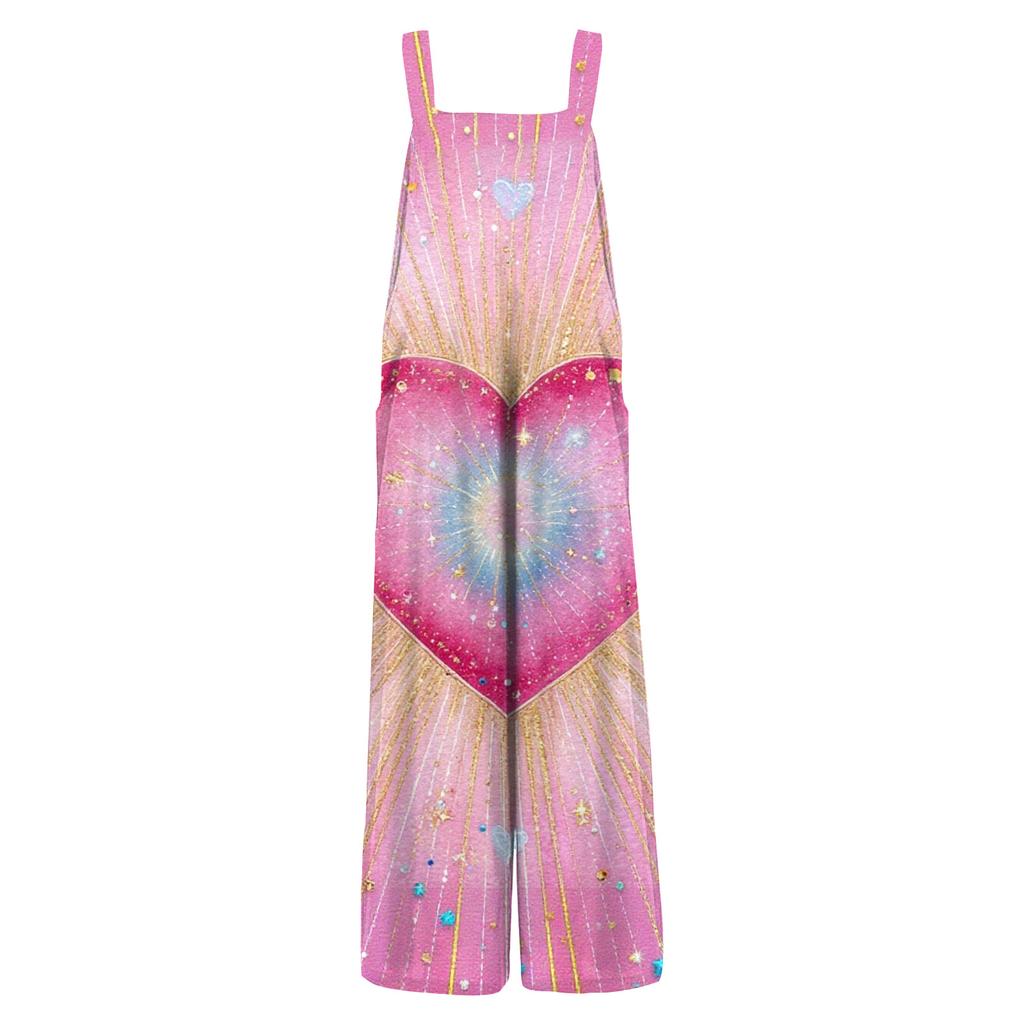 Damen Valentinstag Bedruckte Lässige Lockere Retro Baumwollleinen Latzhose mit Taschen