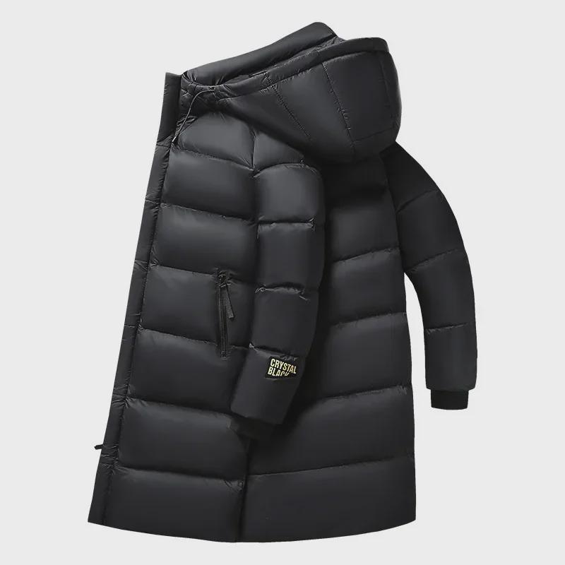 "National Standard" Black and Gold Long Down Jacket - Trendy, Hooded with White Duck Down