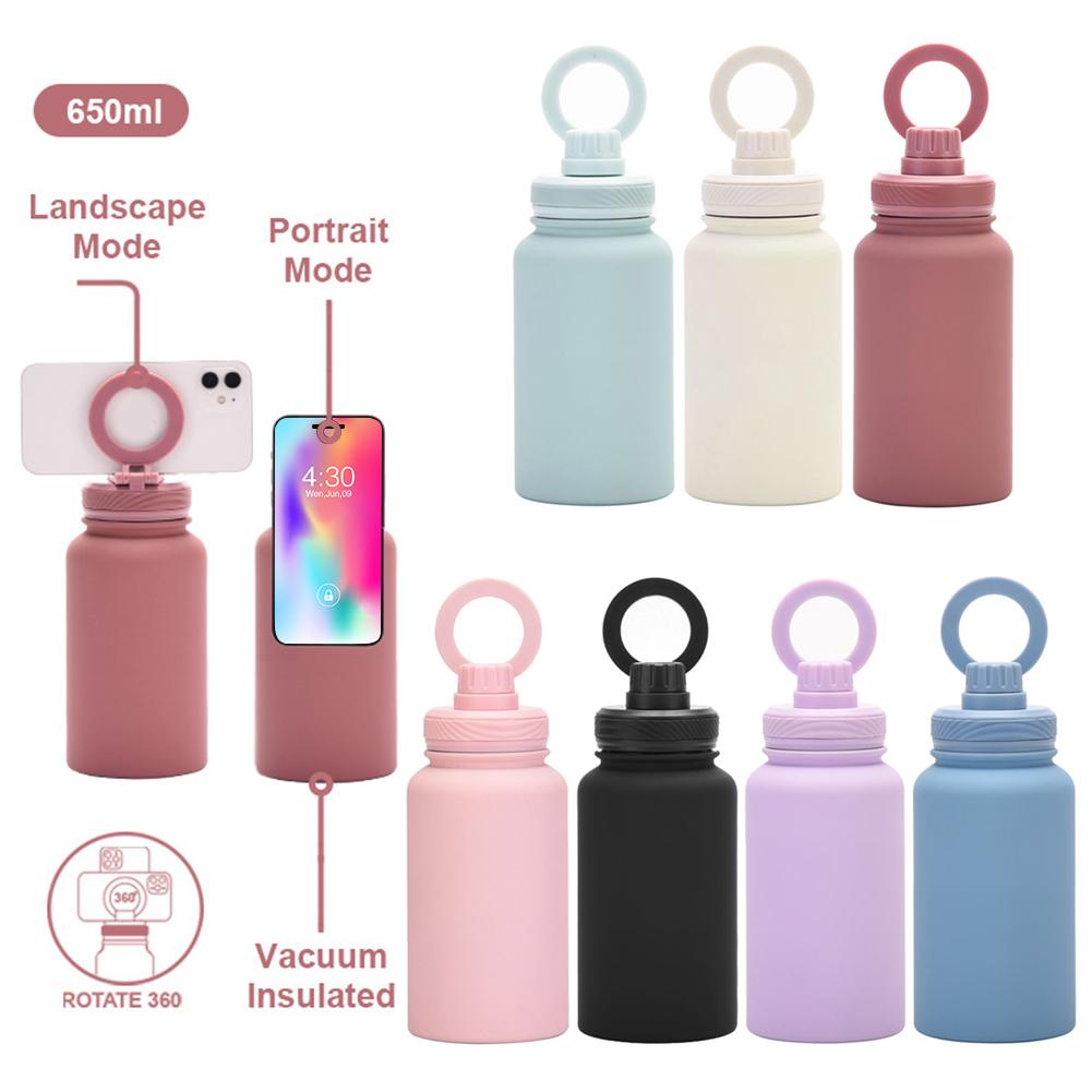 650ml Leak Proof Insulated Bottle with Rotating Phone Holder Stainless Steel Double Layer Vacuum Cup for Outdoor Sports